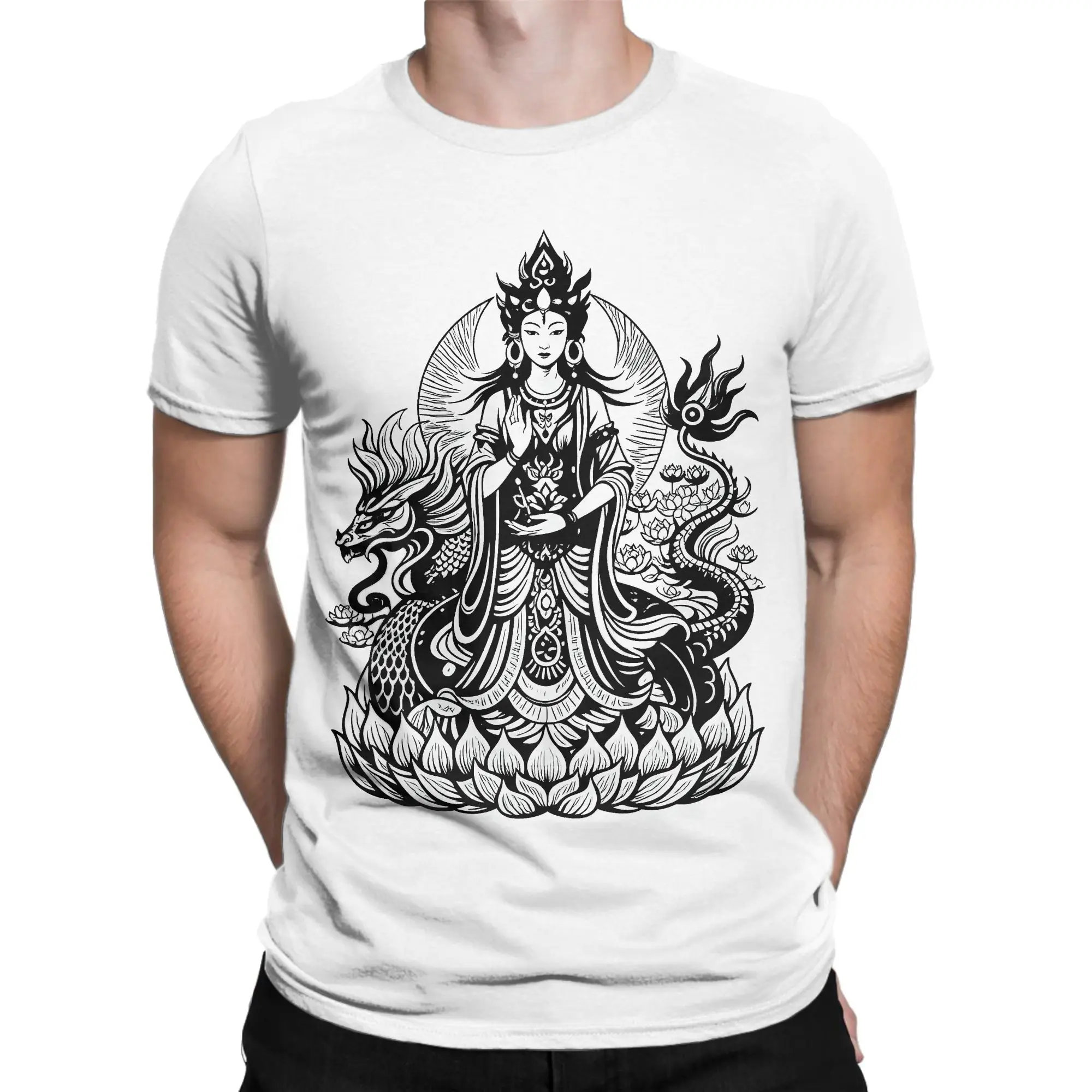Streetwear T-Shirt Quan Yin Chinese Goddess of Compassion Kwan Yin Dragon 100% Cotton T Shirts  Hipster Tshirt for Male