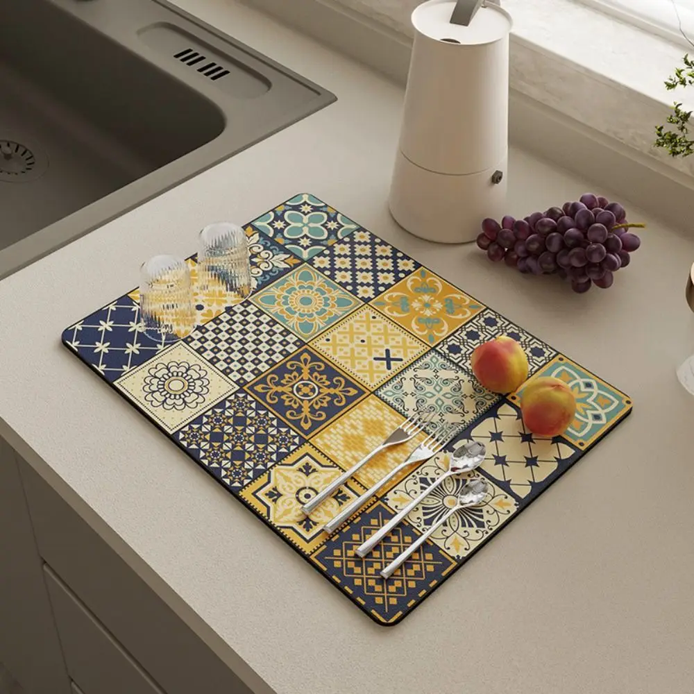 

Rectangle Kitchen Drain Pad Printed Baroque/Moroccan Style Dish Drying Mat Absorbent Anti-slip Tableware Placemat Kitchen