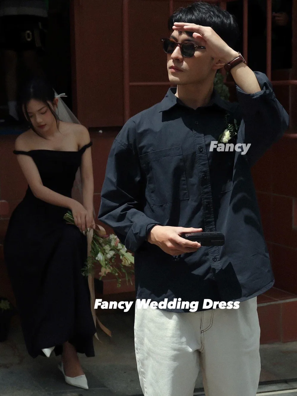 Fantasia simples fora do ombro coreia vestido de casamento elástico cetim uma linha vestido de noite comprimento do tornozelo volta espartilho personalizado