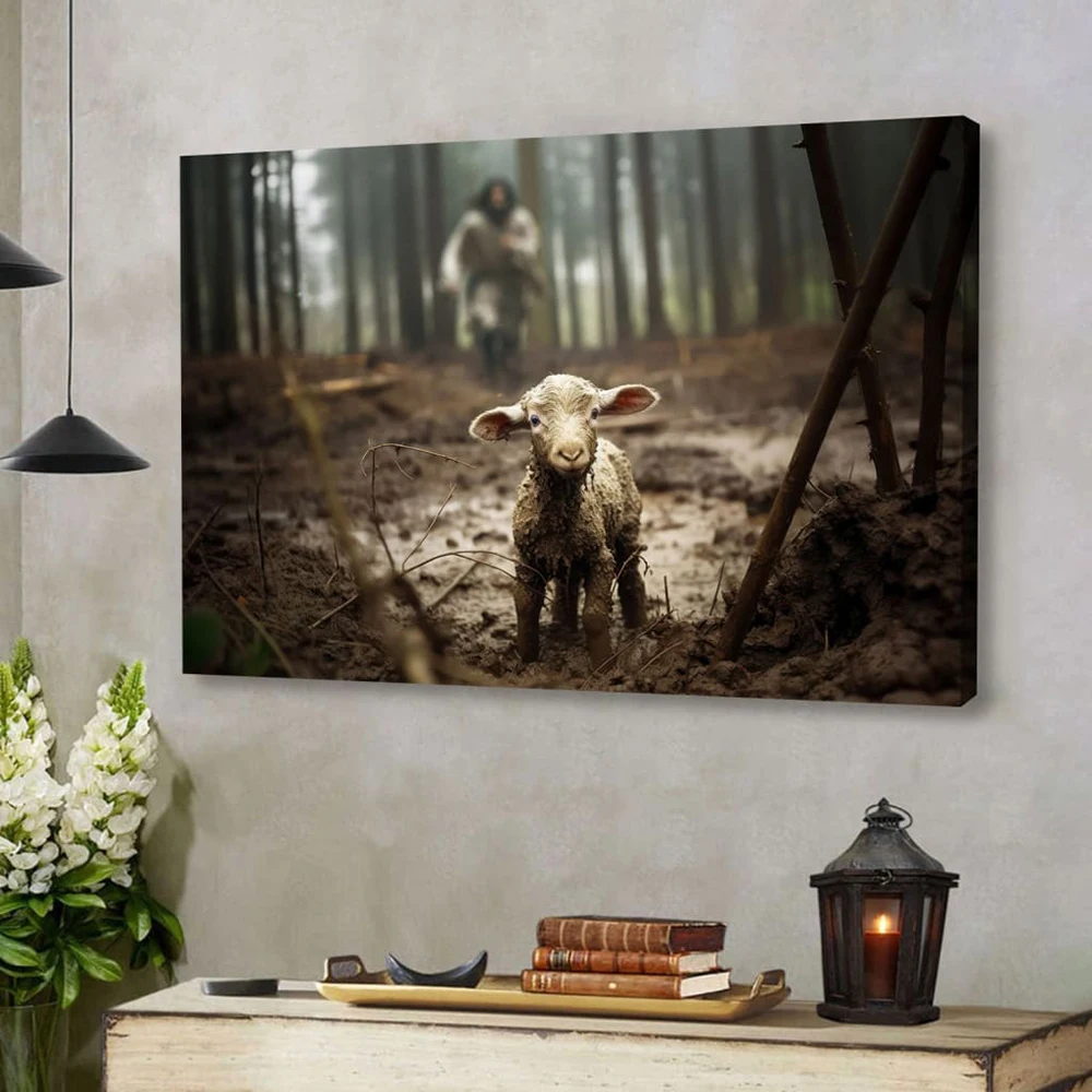 Jesus Running After a Lost Lamb Jesus Lamb Canvas Painting Art Print Christianity Picture Poster Wall Art Cafe Living Room Decor