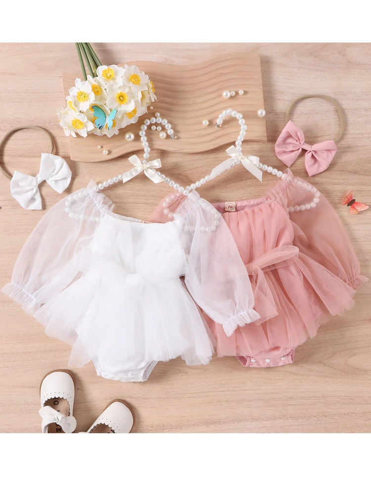 ma&baby Newborn Baby Girl Dress Toddler Baby Girl\'s Clothing Long Sleeve Tulle Jumpsuit + Bow Headband Outfits Party Set 0-24M