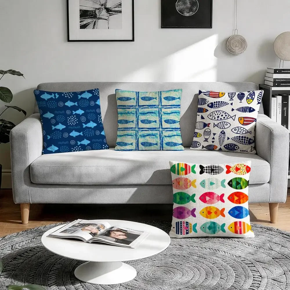 Sea Side Effect Cushion Cover Natural Breathable Durable Linen Printed Decor Pillow Case Sofa Bedroom
