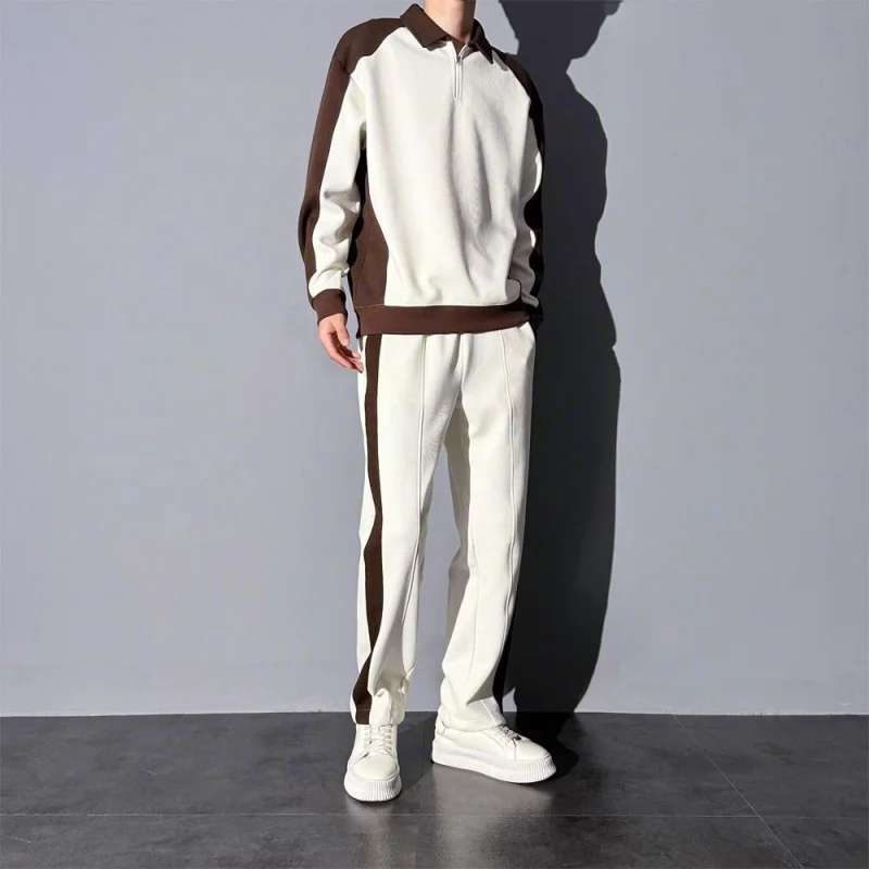 2pcs Setelan Sweatshirt dan Celana Olahraga Korea Warna-Blok Musim Semi dan Gugur, Celana Kasual Elastis Nyaman dan Longgar untuk Pria