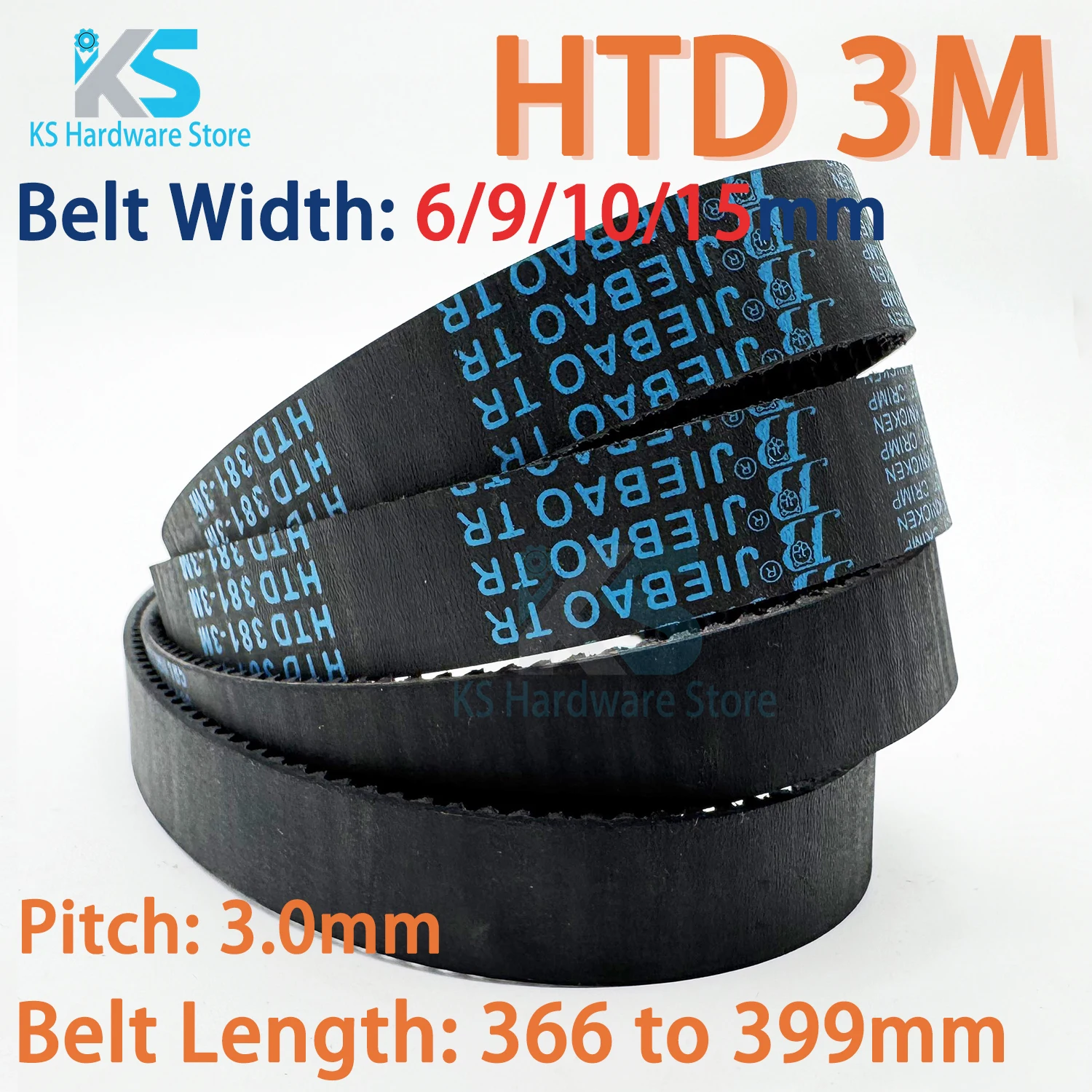 HTD3M Timing Belt Length 366 369 375 378 381 384 390 393 396 399mm HTD 3M Closed Loop Rubber Synchronous Belt Width 6/9/10/15mm