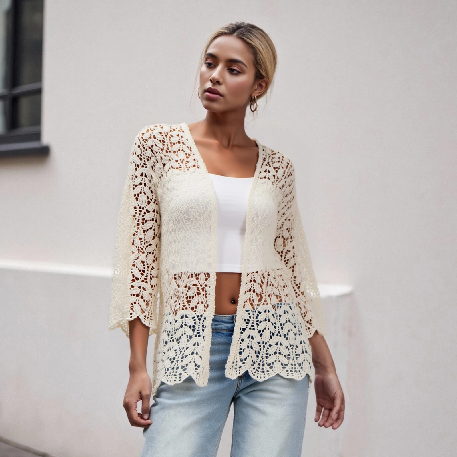 New Women Crochet Cardigan Hollowed Open Front 3/4 Sleeve Sun Protection Shirts Casual Beach Cover Ups Summer Streetwear