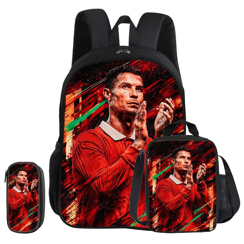 Ronaldo 3Pcs Set School Backpack CR Football Star child Rucksack Pencil Bags Bookbag Lunch bag Football Sport Knapsack Kids Gift