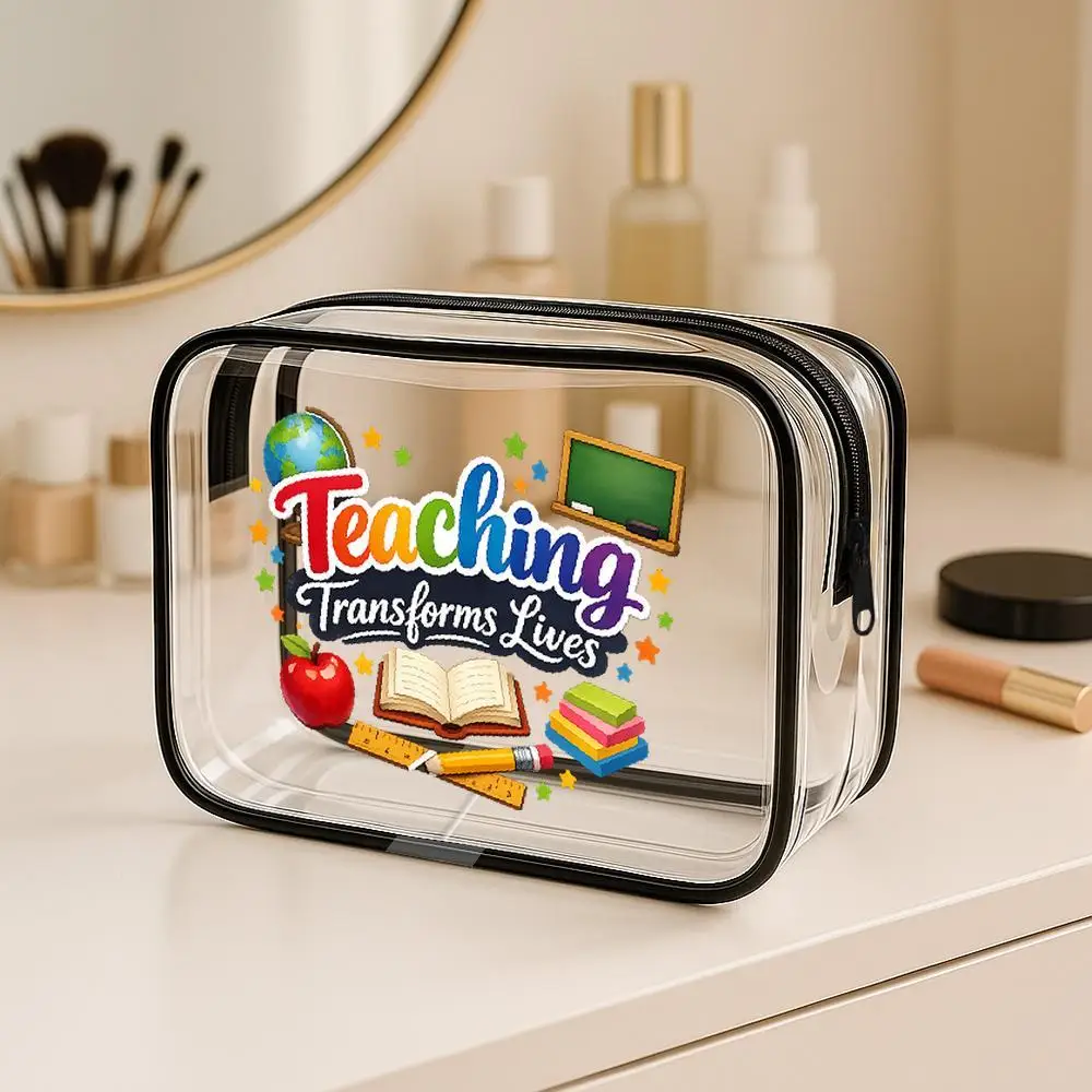 Toiletry Bag Rainbow 'Teaching Transforms Lives' Slogan Education Icons Clear Zippered PVC Cosmetic Organizer Bag Vibrant Playf