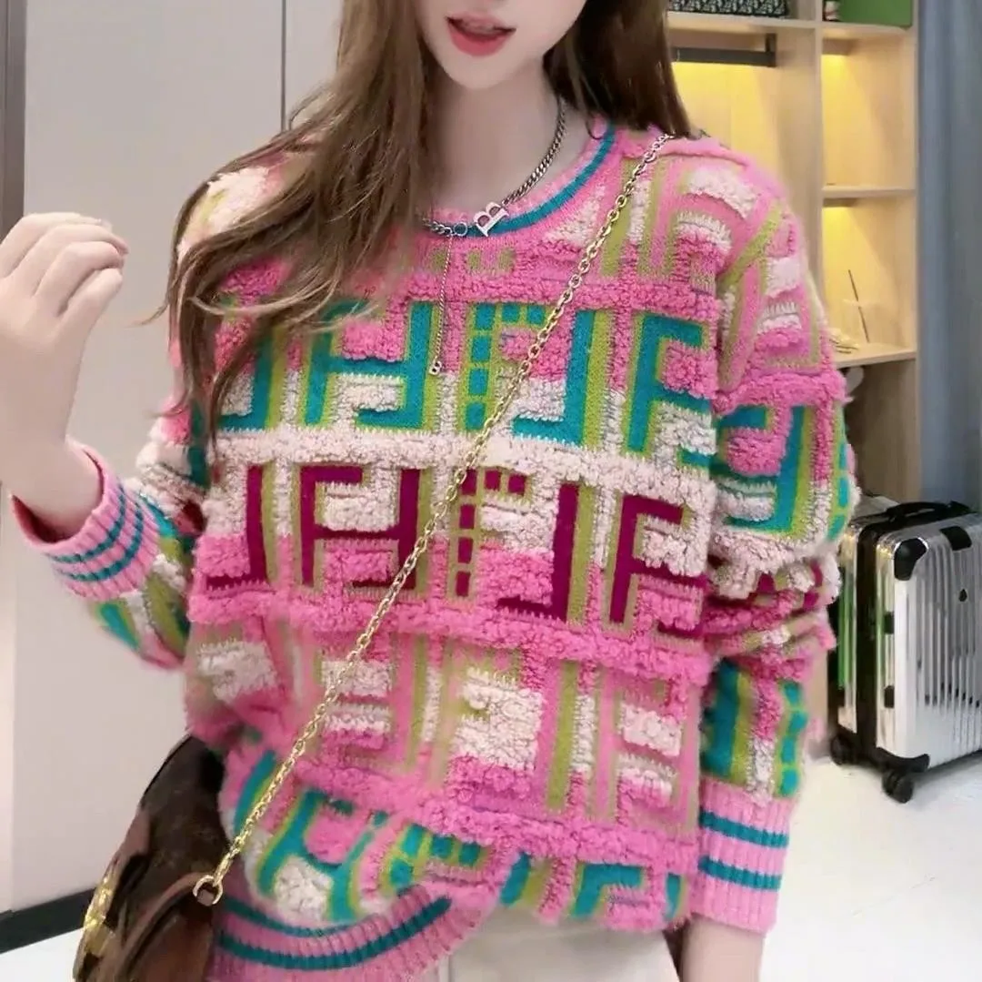Women Colorful Geometric Pattern Knitted Sweater Round Neck Long Sleeve Autumn Winter Jacquard Pullover Casual Loose Knit Top