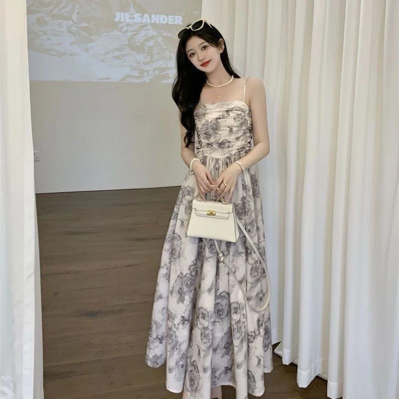 Gidyq Spaghetti Strap Dress Women Summer Sweet Cute Floral Camis Dress Korean Fashion Chic Female Sleeveless Long Vestidos New