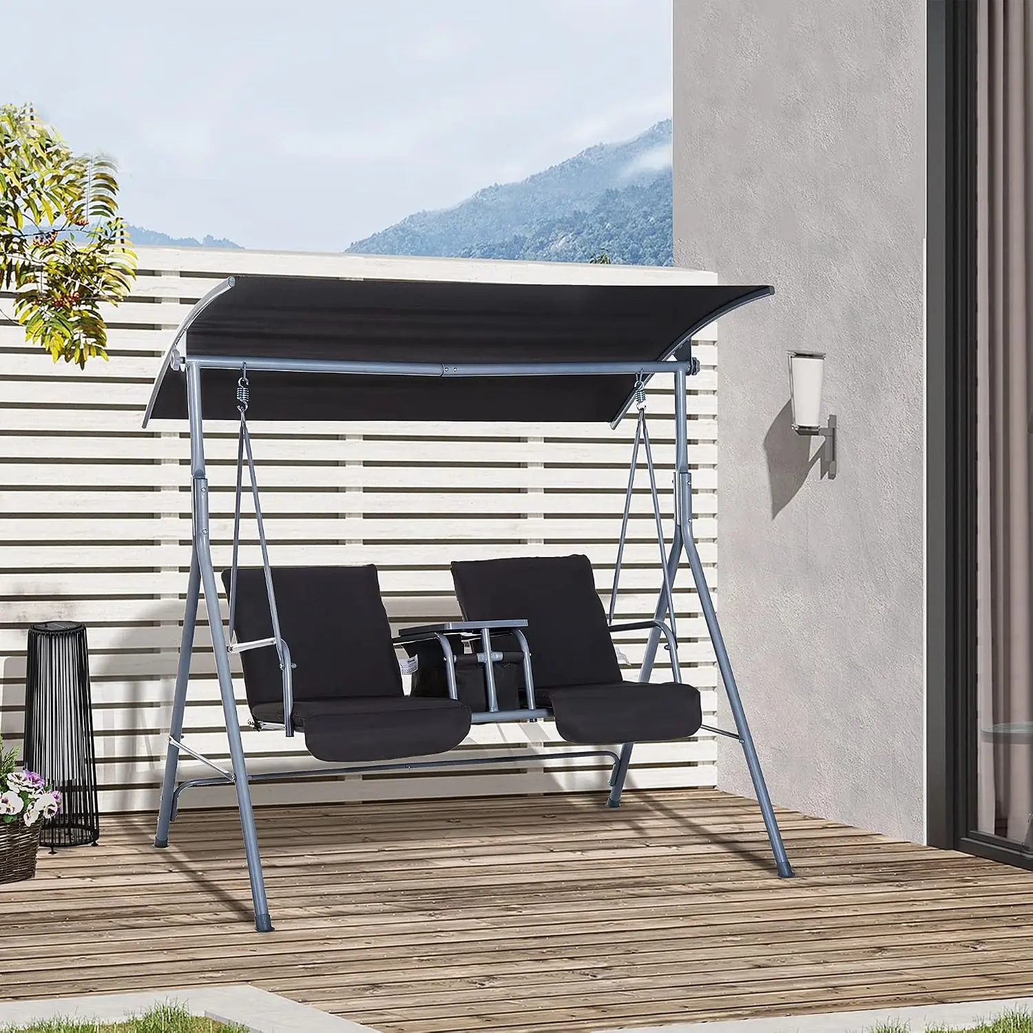 Outdoor 2 Person Porch Swing With Stand, Heavy Duty Patio Swing Chair With Sun Shade Canopy, Cushioned Yard Glider Bench With Storage Table And Cup Holders, Gray