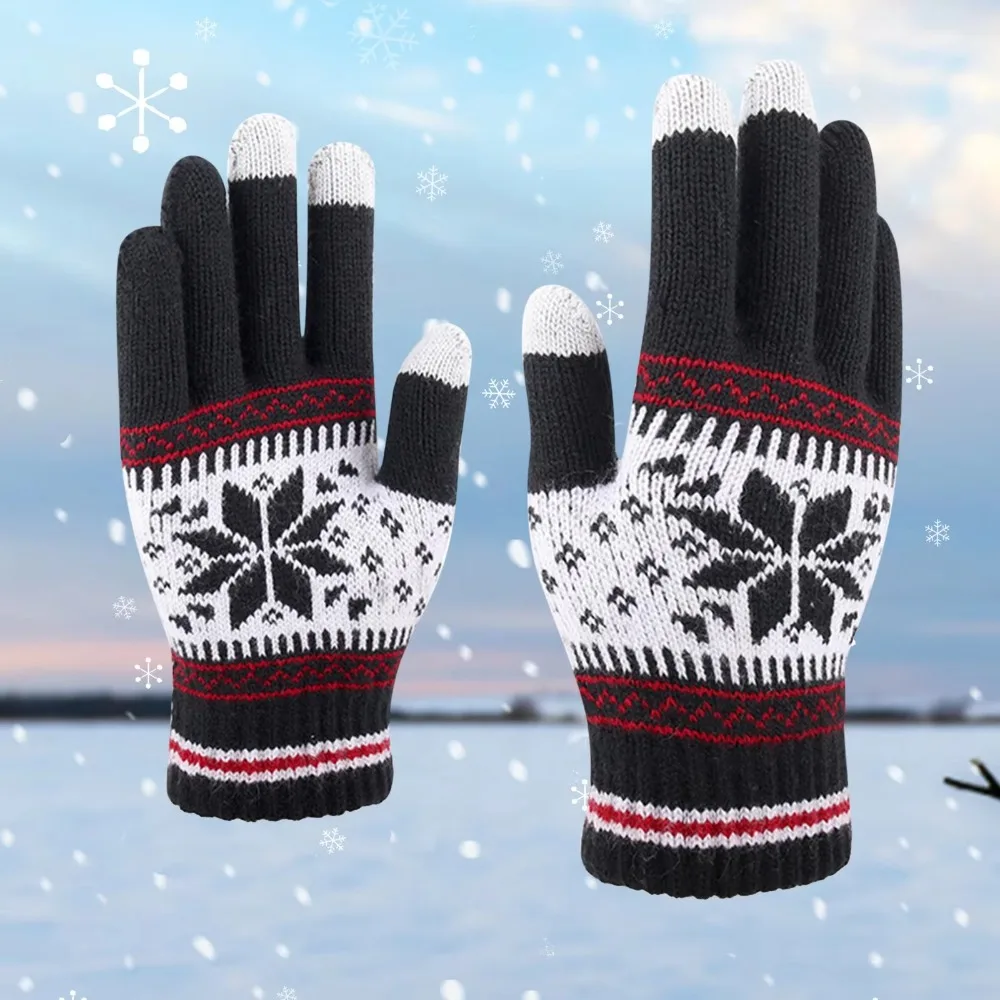 Warm Knitted Snowflake Winter Knitted Gloves Touch Screen Thickened Full Finger Mittens Skiing Gloves Winter
