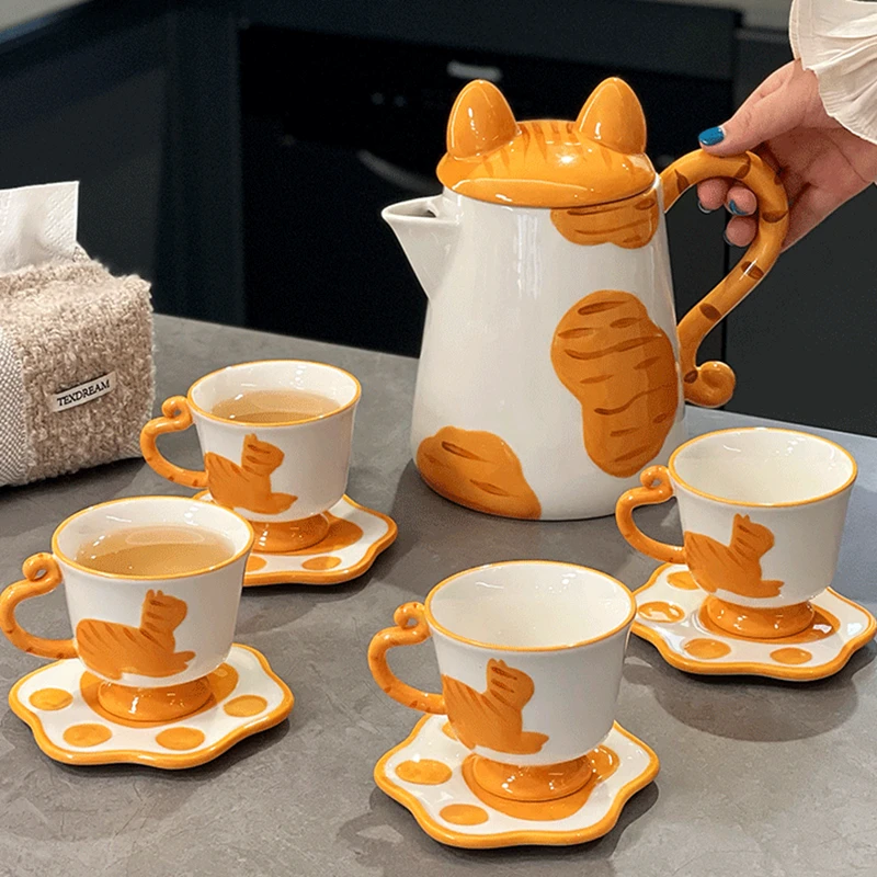 Set of Ceramic Water Pitcher Cup and Saucer Set, Cartoon Orange Cat Coffee Kettle Mug, 4 Cups and Saucers Gift Box Packaging