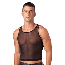 Men Sexy See-Through Mesh Crop Tank Top Solid Color Sleeveless T-shirt Pool Party Vest Tops Lingerie Swimwear Nightwear Clubwear