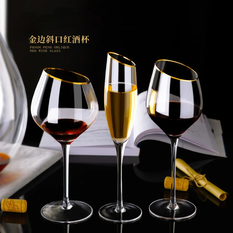 

2Pcs Luxury Romantic Slanted Mouth Red Wine Glass, Gold Rimmed Wine Glass, Crystal European Glass Goblet, Champagne Cup