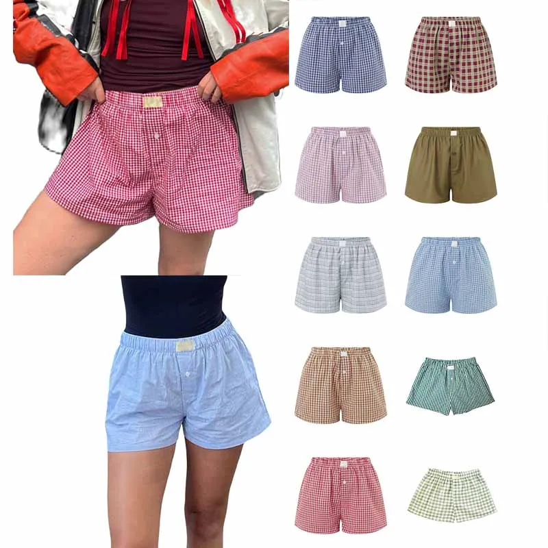 2000s Retro Plaid Button Front Shorts Pants Casual Elastic Waist Lounge Boyshorts Summer Outfits Women Sleep Bottoms Shorts