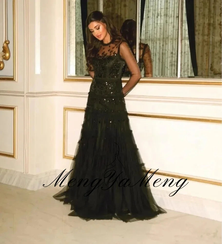 ZHUISHU Fashion Black O-Neck Evening Dresses A-Line Long Sleeves Applique Sequins Long Prom Party Dresses Customized