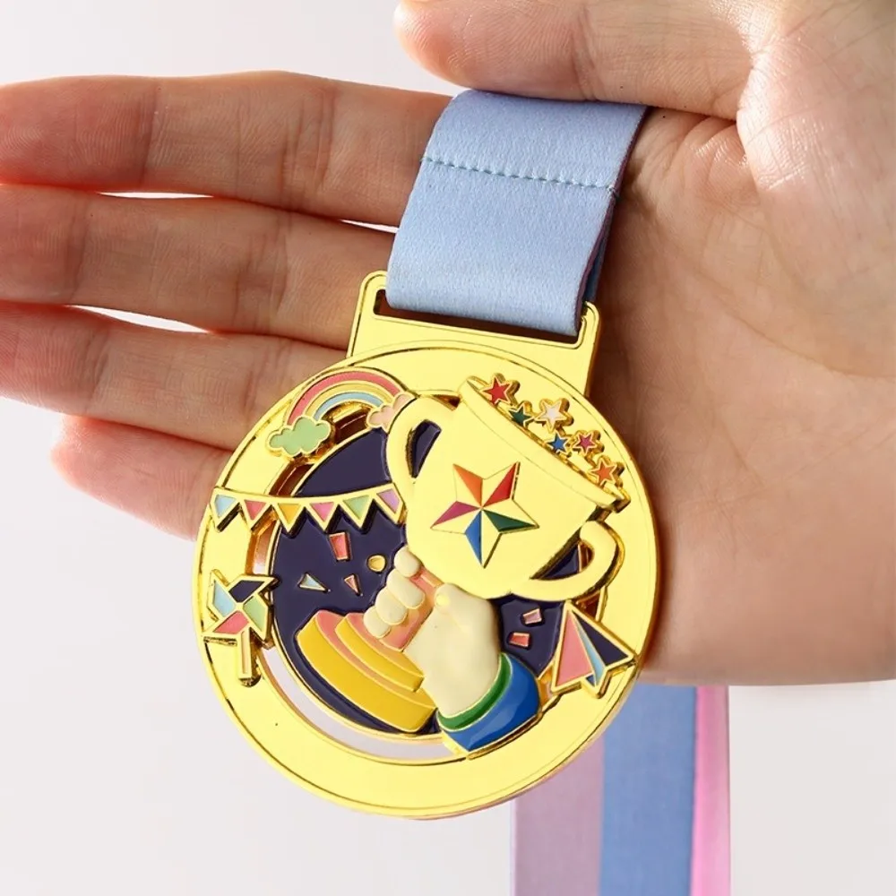1Pc Durable Gold Silver Bronze Children's Metal Medals 65mm with Neck Ribbon Competition Medals Award Medals for Competitions
