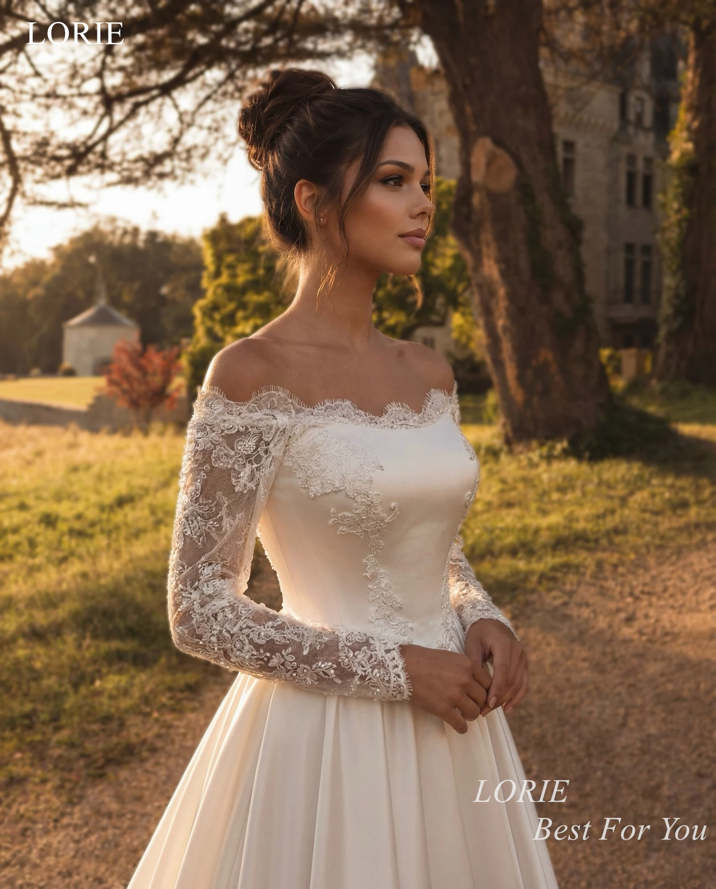LORIE Exquisite Brautkleider aus Satin, schulterfrei, Spitze, volle Ärmel, Brautkleid, A-Linie, Schleppe, Braut-Abschlussballkleider, individuell gestaltet
