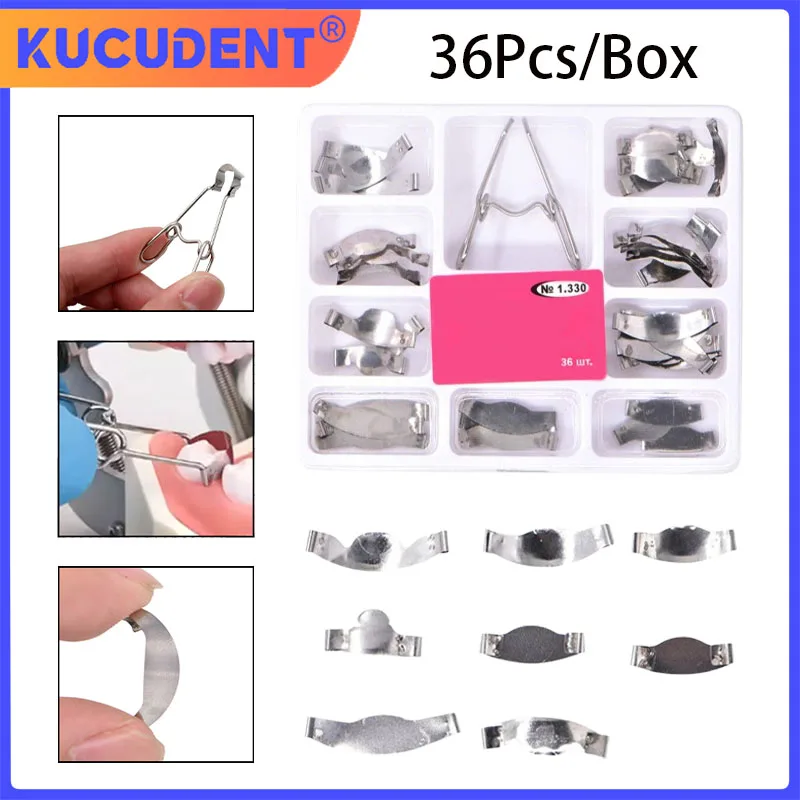 

36 шт., стоматологическая контурная матричная система No 1,330, металлические матрицы с пружинным зажимом, зажимные кольца для секционных лент, стоматологические инструменты