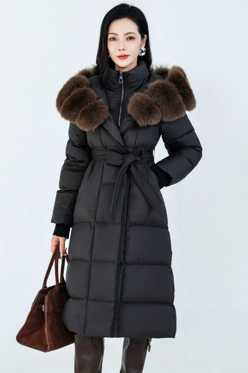 Jaqueta feminina europeia de inverno, jaqueta slim fit com capuz de pele de raposa e ganso