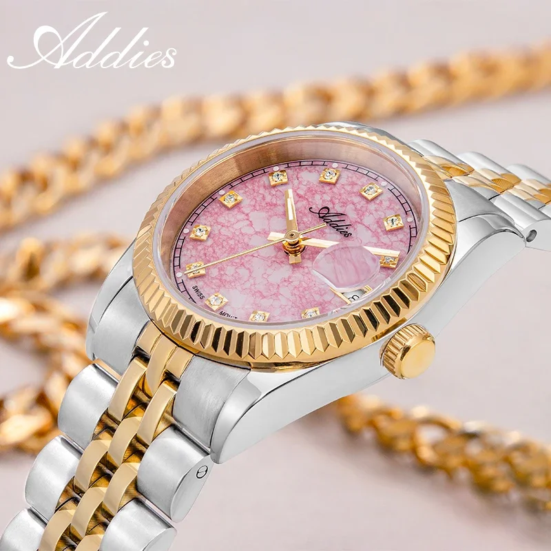 ADDIES Women Quartz Wristwatch Sapphire Crystal Date Display Steel 5Bar Waterproof Business Luxury Ladies Watch Luminous 28mm