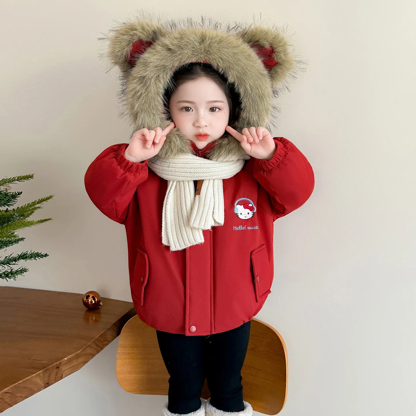 

Sanrio Anime HelloKitty Girls' Winter Hooded Fleece Jacket Baby's thickened cartoon cute jacket Children's warm and casual parka