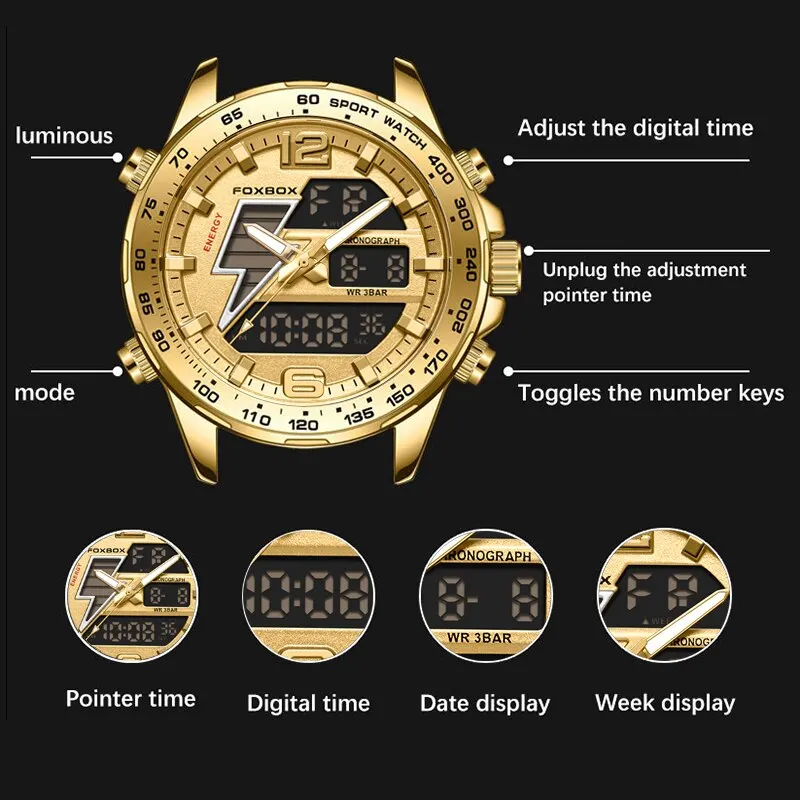 2024 Dual Display Watch Men Top Brand Luxury Men Watch Fashion Waterproof Sport Military Quartz Watches Golden Chronograph Clock