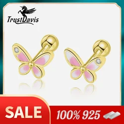TrustDavis Real 925 Sterling Silver Sweet INS Butterfly Panda Bear Screw Stud Earrings for Daughter Girls Fine Jewelry DG0013