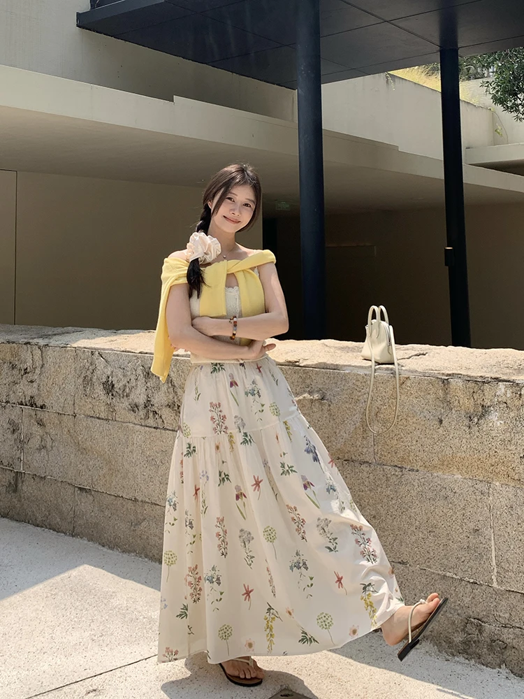 

EKOOL Floral Print Loose f-length Skirt Women's Summer New Sle Versatile ature A-line Long Skirt High Waist Cotton