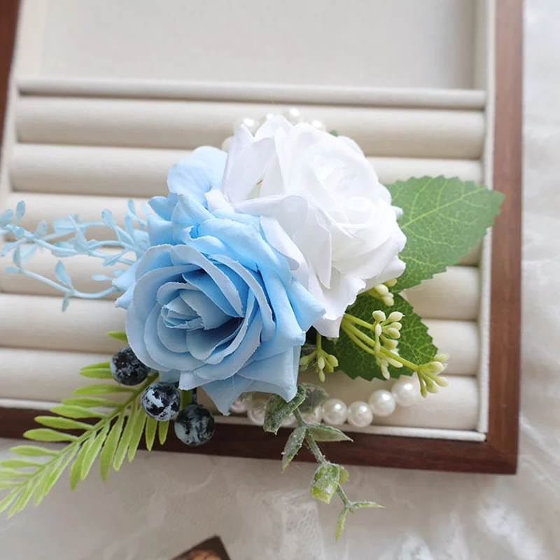 25037 Set Korsase & Gelang Bunga Mawar Bohemian Biru - Sempurna untuk Dekorasi Pengantin, Pengiring Pria, dan Pernikahan