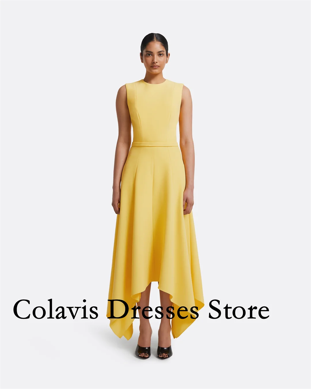 

2025 Customized O-Neck Gold Sleeveless Crepe High Low Prom Dresses Evening Dress Women Evening Gowns Formal Party Dress