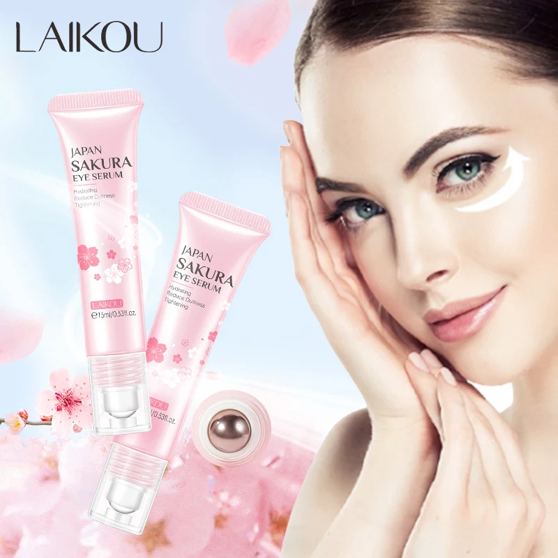 LAIKOU Sakura Eye Serum Eye Roller Massage Vitamin C Hyaluronic Acid Skin Care Eye Bags Cream Moisturizing Dark Circles 15ml