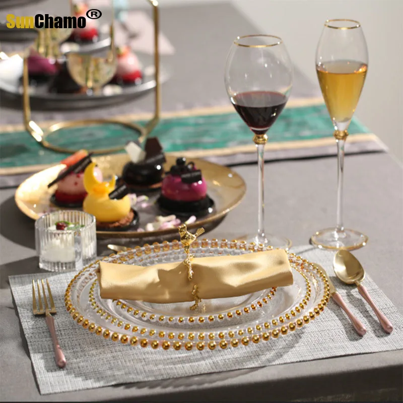 Sunchamo European Style Creative Transparent Glass Plate Round Gold Rim Bead Cushion Plates Fruit Western Dinner Set Dishes Gift