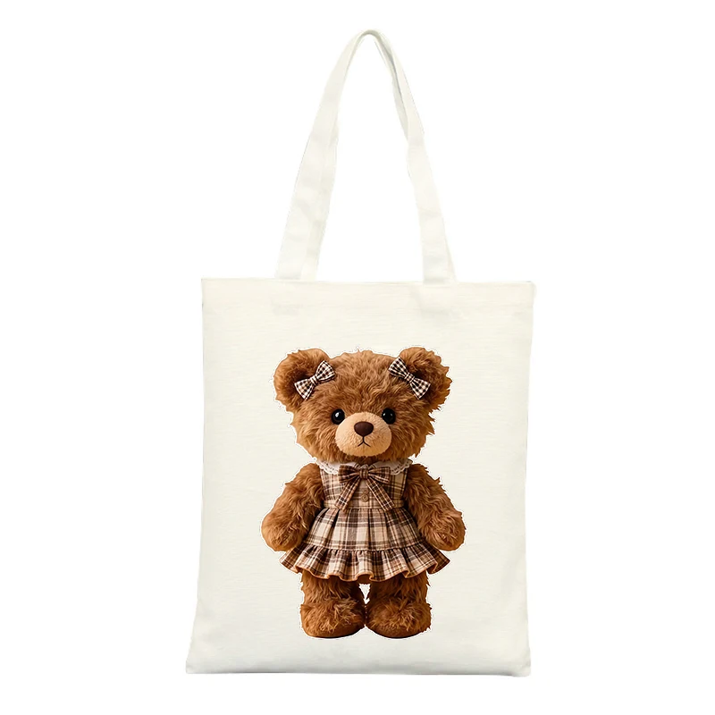 Canvas Tote Bag with Teddy Bear Graphic, Cute Style for Casual Outings and Daily Use