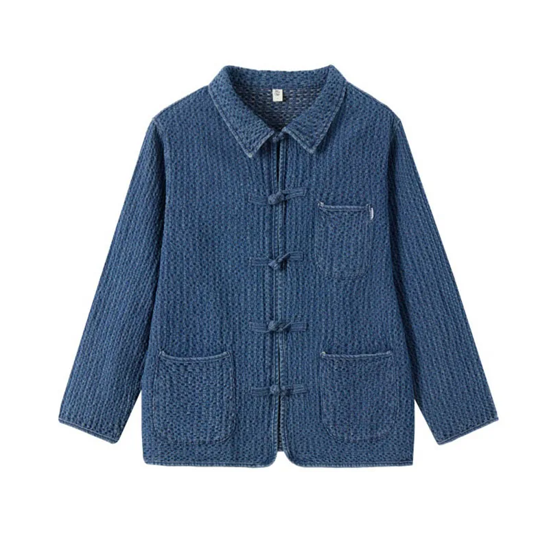 Chinese Style Retro Men's Denim Jacket 2026 Autumn New Casual Fashion Simple Loose Multi Pocket Male Jacquard Lapel Coat