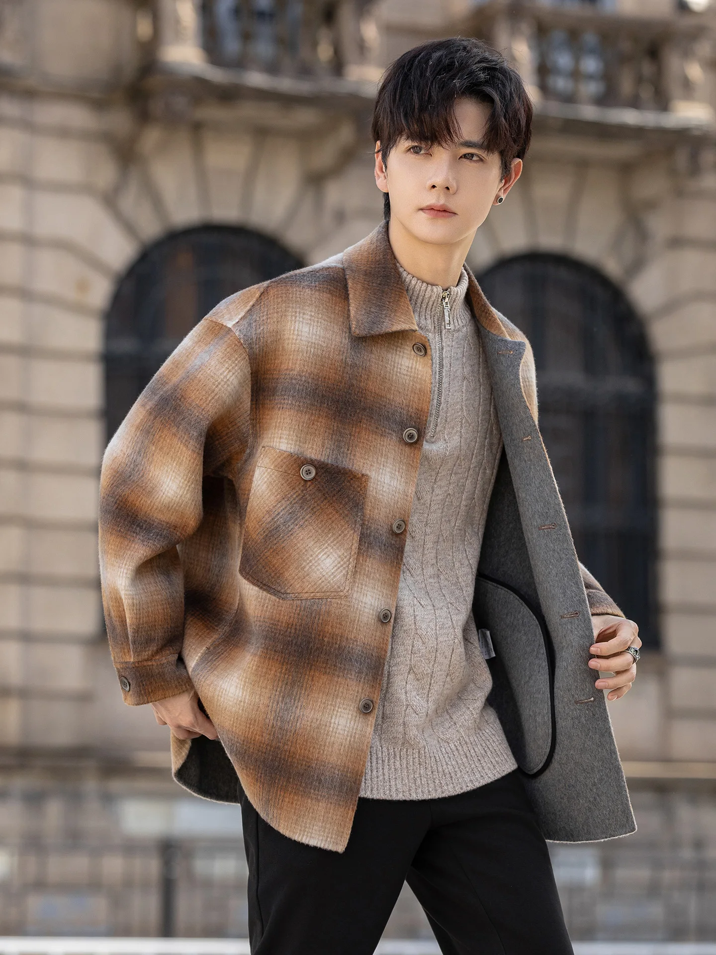 

Мужское двустороннее шерстяное пальто в клетку, повседневное, из шерсти альпаки, молодежное, для зимнего сезона