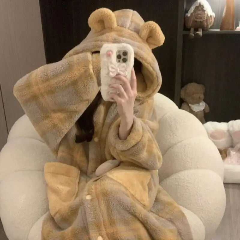 Lindo invierno grueso coral polar pijamas de mujer Otoño Invierno bata con capucha ropa de dormir cómoda nuevo modelo bata pijama ropa de casa