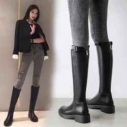 Cow leather long boots women winter boots spring autumn knight boots chunky heel round toe shoes