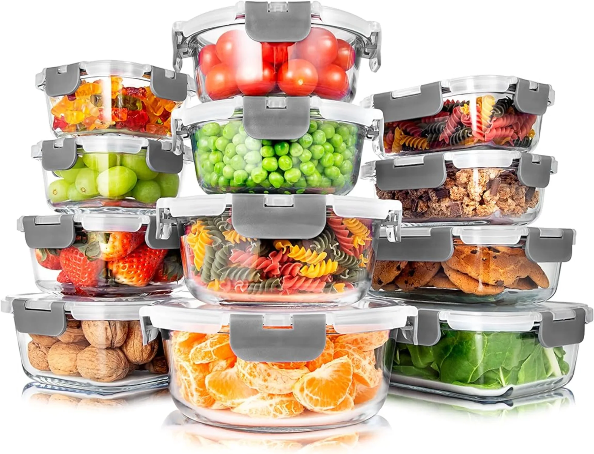 

24-piece Food Glass Storage Containers Stackable Design with New Innovative Hinged Locking Lids