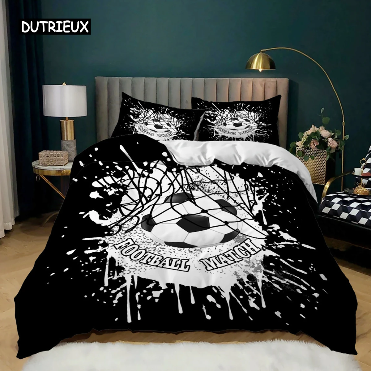 

Football Black White Duvet Cover Soccer Goal Soft Bedding Set Polyester Sports Competitive Theme Ball Games for Teens Boy Decor