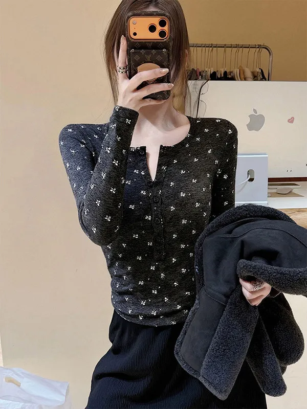 

plus Size Women's Korean Sle Floral Print Long Sve Slim Fit Base irt Autumn Winter Top Tight Body T-irt Fem Faion