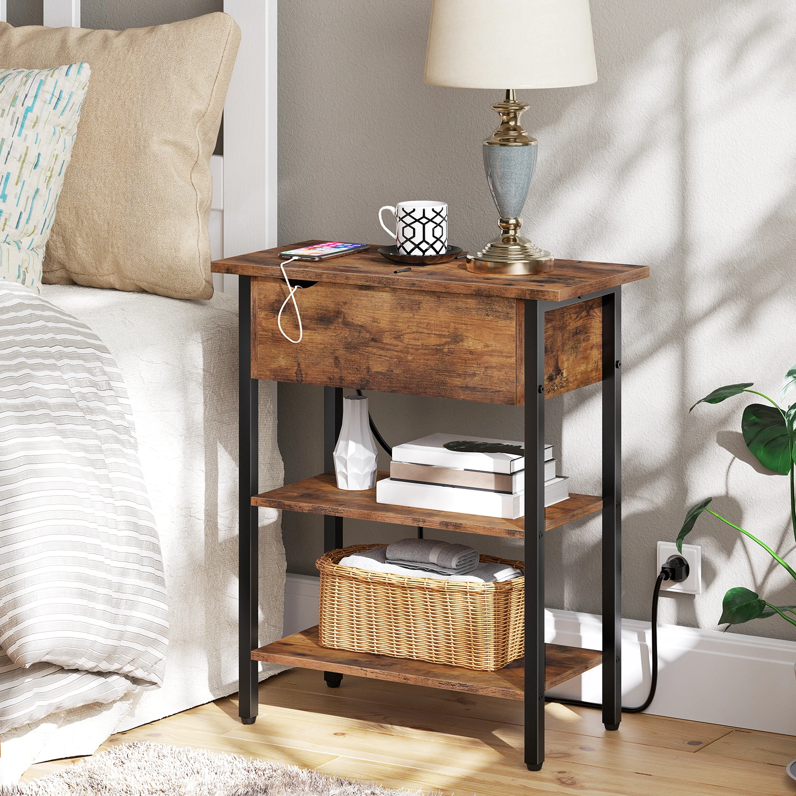 Side Table, Flip-Top Sofa Table with Charging Station and Storage Area, Narrow Bedside Table for Small Spaces, Bedroom