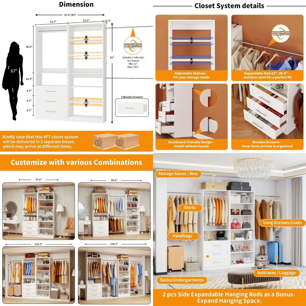 

4T-10T Adjustable Wooden Closet Organizer System with 7 Shelves and 3 Hanging Rods for Walk-in and Standard Closets in White