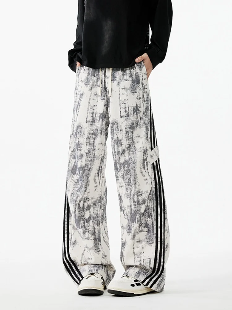 

Мужские повседневные брюки в американском ретро-стиле с эффектом тай-дай и полосками, свободные прямые брюки с широкими штанинами, весна-осень, длинные брюки