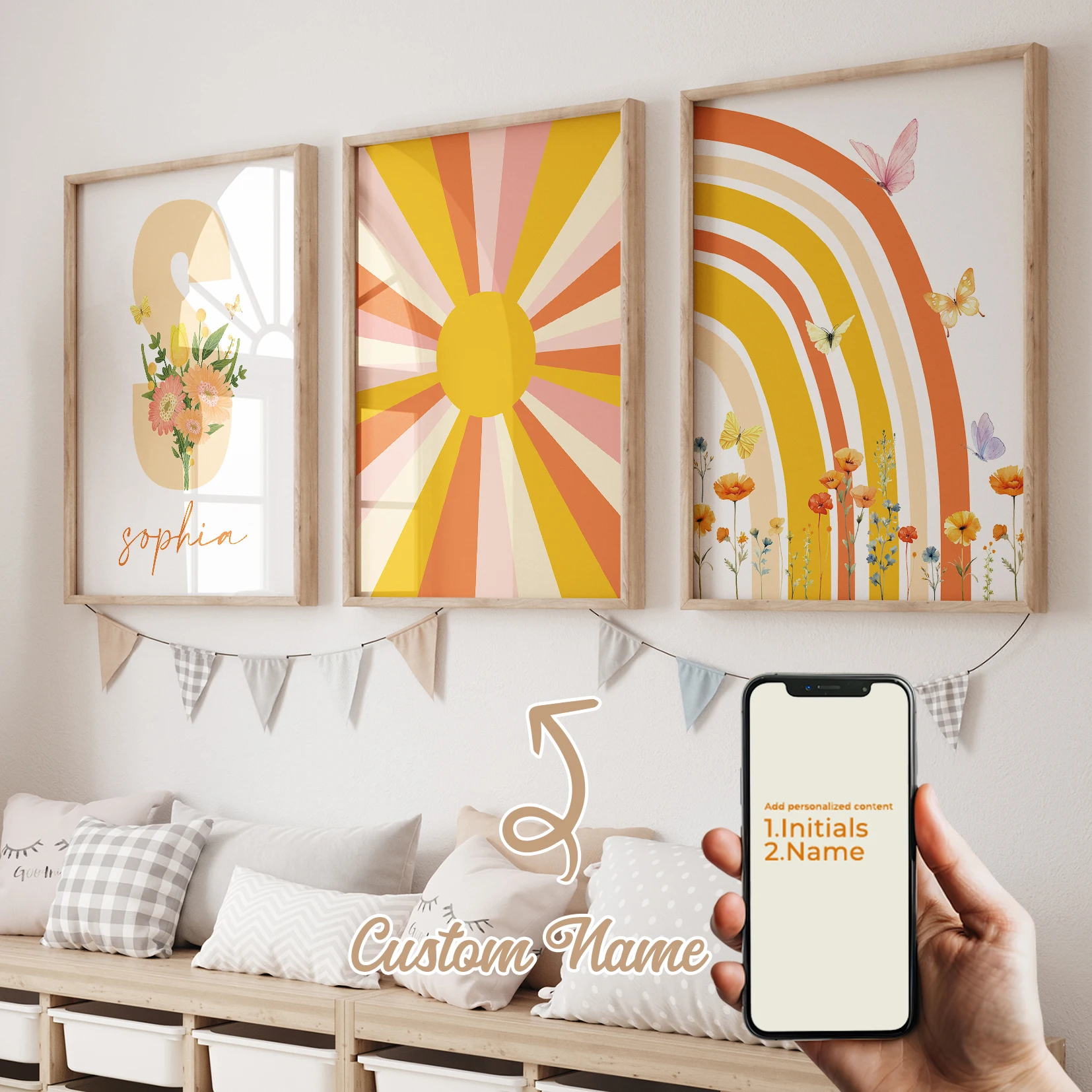 3pcs Personalized Custom Name Cartoon Child Rainbow Wall Art Print Picture Canvas Poster Painting For Living Room Home Decor
