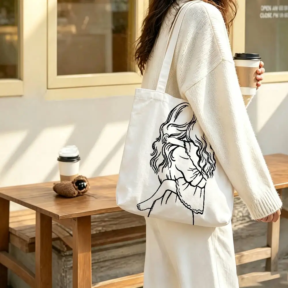 Black Line Drawing Mom and Dad Daughter Print Bag Eco Shopper Cotton Jute Bag Reusable Bag Foldable Reusable Sac Tissu