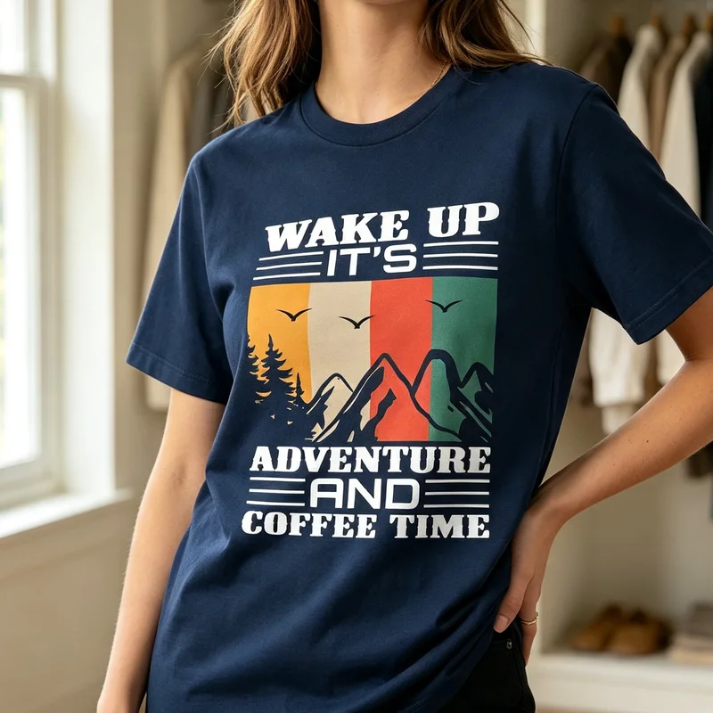Wake Up Adventure And Coffee Time T‑Shirt Vintage Mountain Graphic Tee Men Women Outdoor Hiking Camping Nature‑lover Casual Top