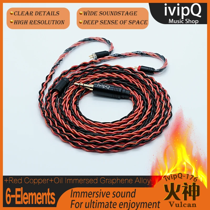 ivipQ-176 Vulcan 6-Elements Litz Oil Immersed Graphene Alloy Red Copper HiFi Earphone IEM Cable 2Pin 0.78 MMCX for S12 Pro fh19