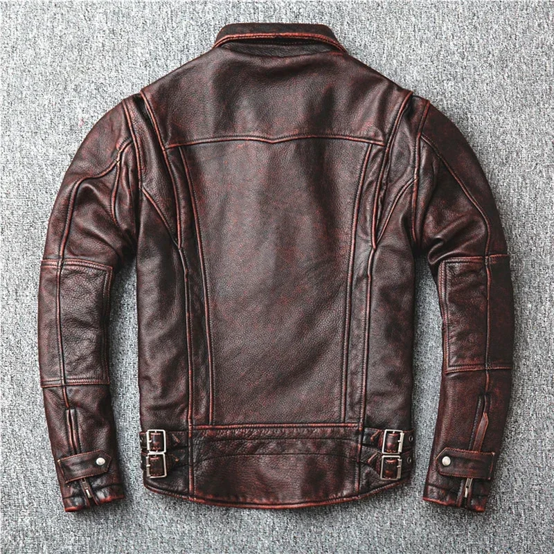 Red-Brown American Retro Motorcycle Style Distressed High Sense Classic Genuine Leather Jacket Vintage Quality Cowhide Coat 6XL