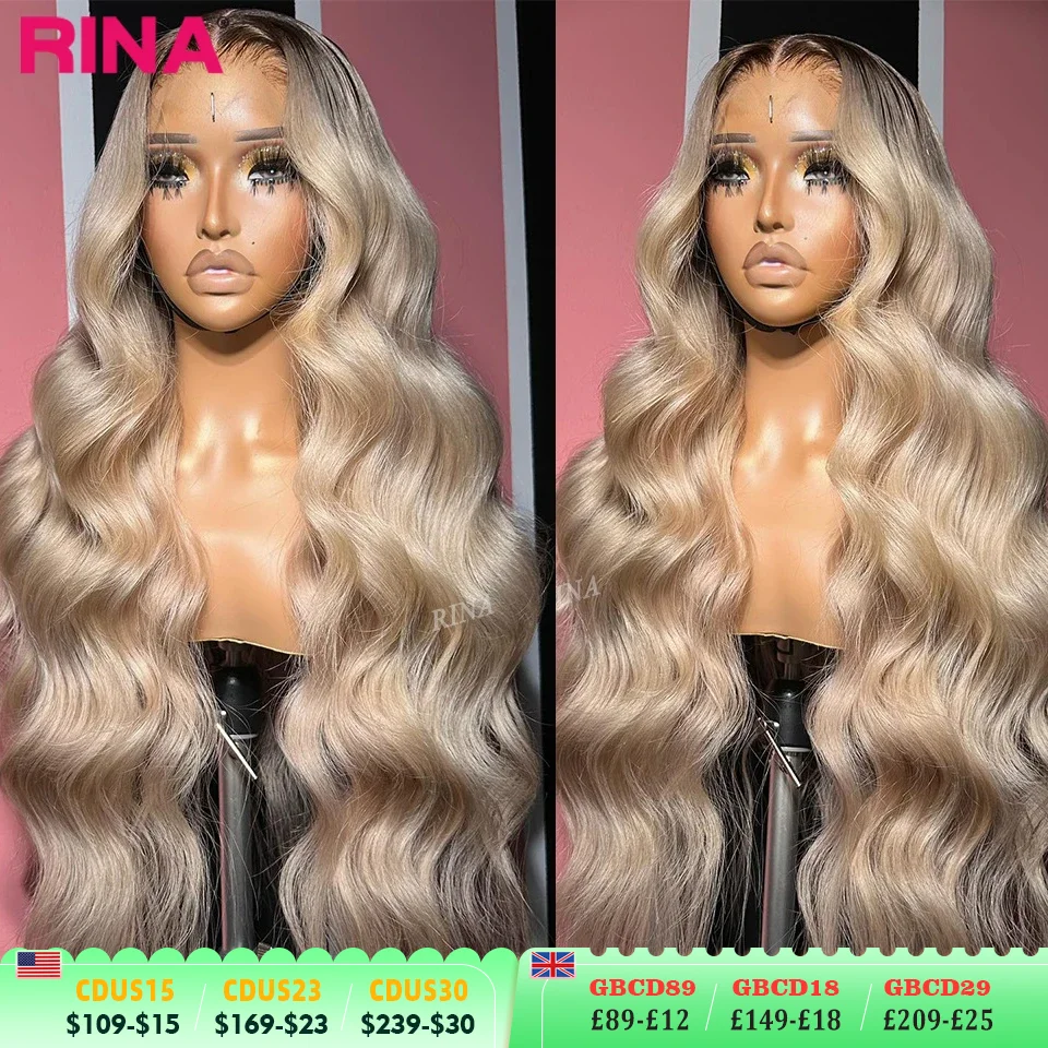 13x6 Ombre Blonde With Root Цветные парики фронта шнурка для женщин Человеческие волосы Объемная волна Ombre Пепельно-русый парик фронтальной части шнурка